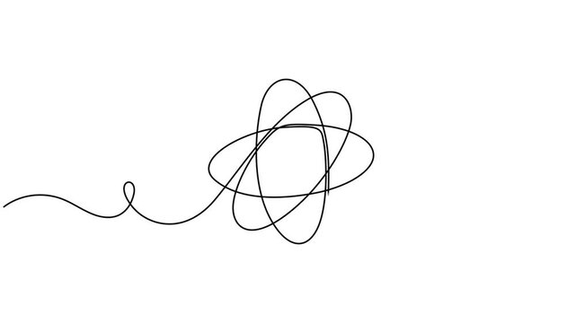 Atom and electrons, animated self drawing of single continuous line, continuous contour movement, video drawing of line in 4k, nuclear energy, chemistry, science, education, Atom for peace, one line