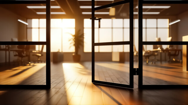 View through an open glass door into a modern office conference room bathed in warm, dramatic sunlight streaming through large windows at sunset or sunrise, creating long shadows on the wooden floor