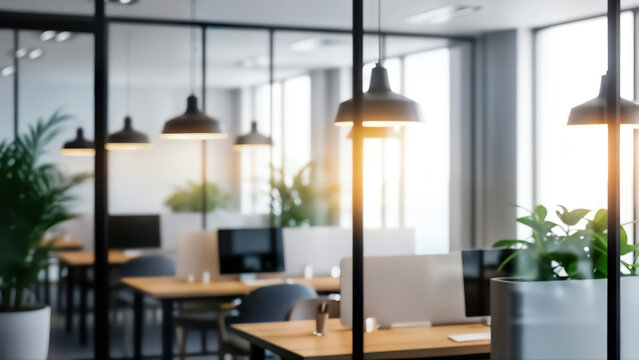 Modern office interior with blurred desks, computers, hanging pendant lights, and green potted plants visible through glass partitions, creating a bright and professional workspace atmosphere - Powered by Adobe