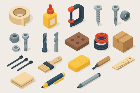 Isometric arrangement of various tools and materials for diy projects