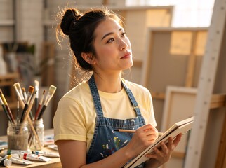 Inspired East Asian artist drawing in a sketchbook in a sunlit studio. Creative woman thinking and finding inspiration for a painting