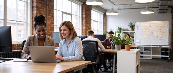 Two diverse female colleagues collaborate on a project in a modern office. Businesswomen smiling and working together on a laptop. Teamwork and partnership concept