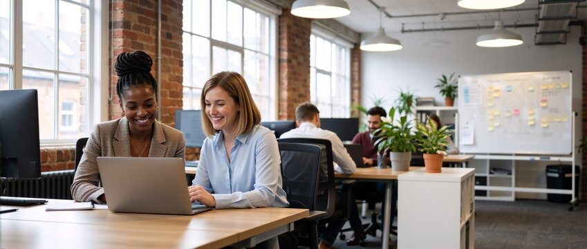 Two diverse female colleagues collaborate on a project in a modern office. Businesswomen smiling and working together on a laptop. Teamwork and partnership concept - Powered by Adobe
