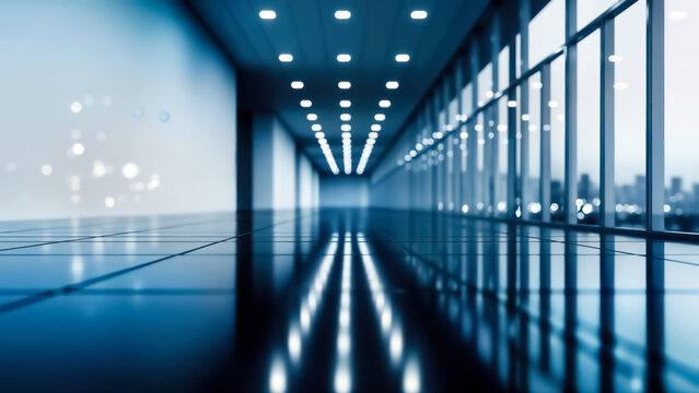 Modern, futuristic interior hallway with bright ceiling lights reflecting on the polished dark floor, overlooking a blurred city skyline through large windows