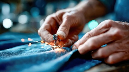 Close-up of skilled hands sewing denim fabric, with tiny sparks flying from the needlework process