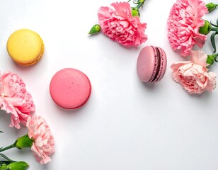 Pastel Macarons and Pink Carnations on White Background,  Delicate Springtime Still Life