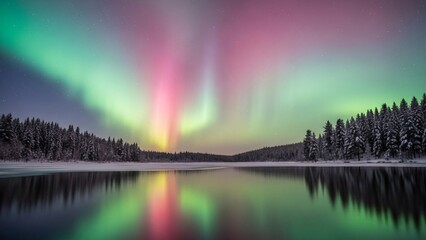 Vibrant Aurora Borealis dancing over a frozen lake and winter forest