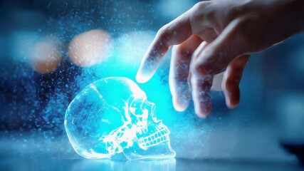 A glowing holographic glass skull touched by a human finger, symbolizing AI, neuroscience, and futuristic technology - Powered by Adobe