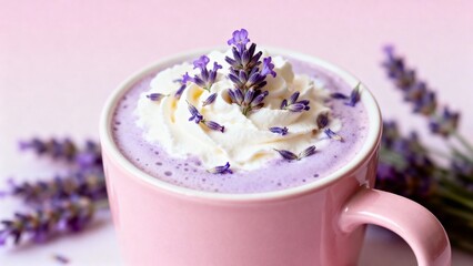 Lavender latte in a pink mug topped with whipped cream and lavender flowers