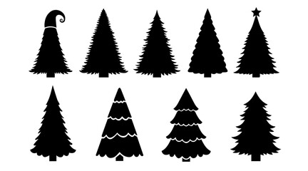 Collection of eight black silhouette icons representing various styles of christmas tree shapes