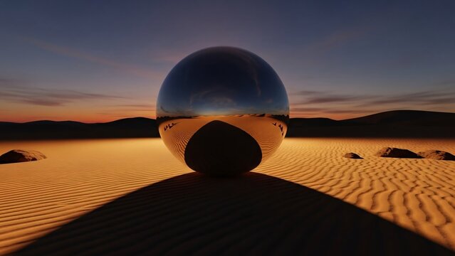 Surreal concept of a reflective metal orb mirroring the desert landscape during a serene sunset