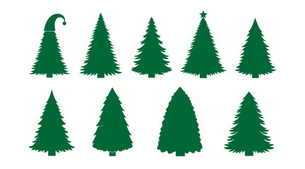 Collection of ten different green silhouette icons representing various shapes of stylized christmas trees