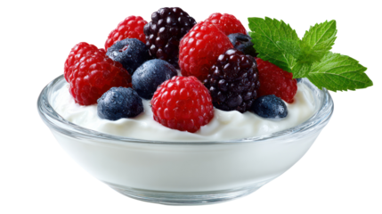A Refreshing Yogurt Delight: A vibrant assortment of ripe berries and fresh mint crown a creamy bowl of yogurt, offering a taste of health and a pop of color.