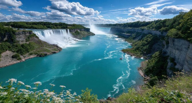 the breathtaking view of the misty blue waters spraying over the right side from the american falls - Powered by Adobe