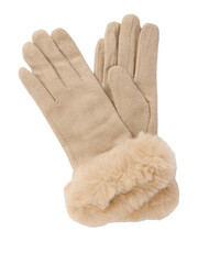 A pair of warm beige fuzzy winter gloves with fur trim isolated on transparent background