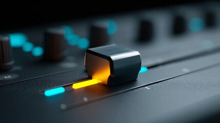 Close-up of audio mixing console slider with illuminated level indicator in dimly lit studio environment