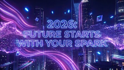 2026 future begins with your spark in abstract city glow.