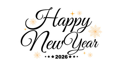 Elegant black script typography reading happy new year 2026 with subtle gold star accents