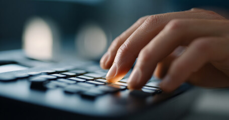 Close-up of human fingers typing on a computer keyboard with soft focus and warm lighting in a modern workspace environment
