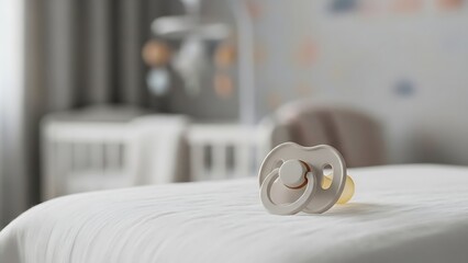 Modern Baby Pacifier on White Bed with Soft Natural Lighting in Cozy Nursery