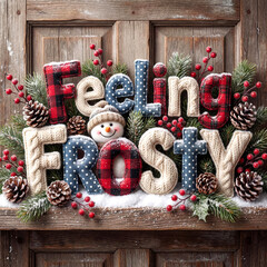 Festive Winter Holiday Decoration Featuring Knitted and Plaid Fabric Letters Spelling 'FEELING FROSTY' with Pinecones and Frosted Red Berries on Rustic Wood