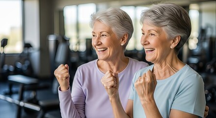 Empowered senior women celebrating fitness success at a modern gym facility