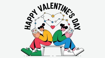 Happy valentine s day illustration of two people connecting digitally with hearts and stars above them
