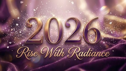 The year 2026 sparkles with golden light on a soft purple fabric.