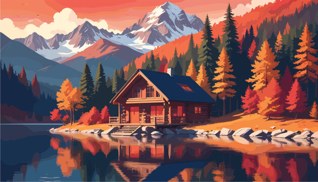 Modern flat vector illustration of a rustic wooden cabin by a calm lake, surrounded by colorful autumn forest trees and snowy mountain peaks during a vibrant sunset