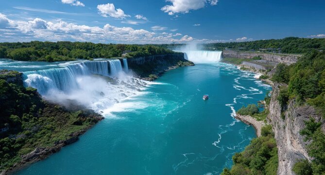 the breathtaking view of the misty blue waters spraying over the right side from the american falls - Powered by Adobe