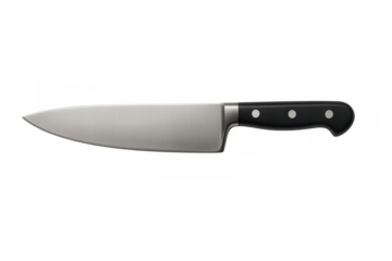 Chef's knife with black handle and silver blade, a professional tool for cooking, preparing food, and dicing vegetables