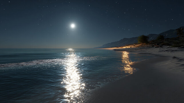 A serene moonlit beach, with the moon reflecting on the ocean and stars in the sky. It's a night of peace and tranquility, perfect for reflection