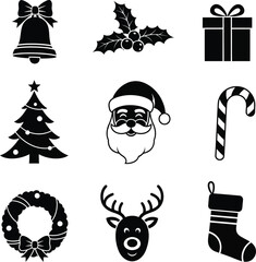 Christmas icon set black silhouettes on white background