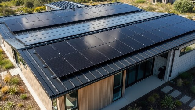 Modern home showcasing sustainable living with sleek solar panels on the roof, perfect for renewable energy and eco-friendly designs in residential architecture