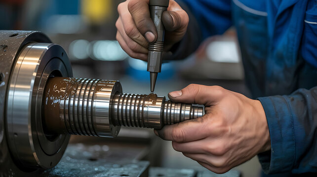 Machinist measuring a metal shaft with a tool mechanic