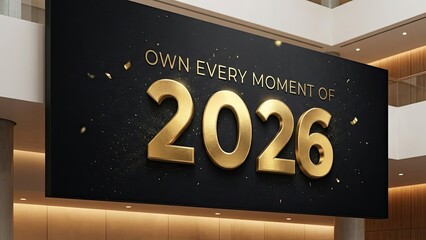 Golden 2026 year celebration display with falling confetti.