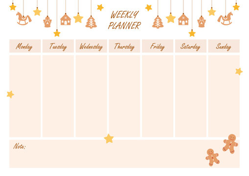 Christmas weekly planner template with gingerbread, stars, festive garlands, horse, angel, house. Vector for holiday scheduling, winter organization, printable planners, stationery - Powered by Adobe