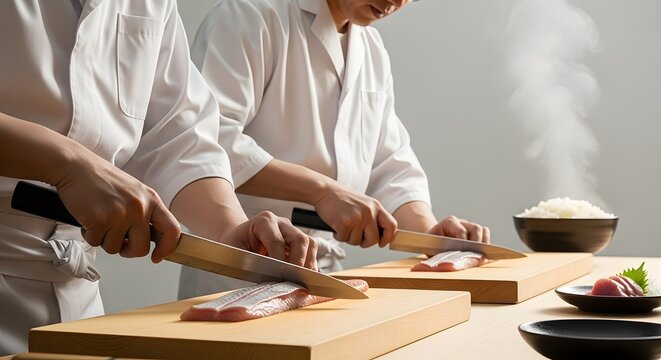 Chefs preparing fresh ingredients, precisely slicing fish with sharp knives, skill, and tradition.