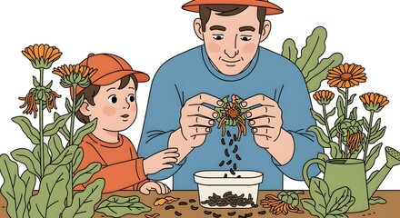 Father and son collecting Marigold seeds together gardening botany lesson