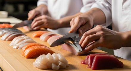 A chef expertly prepares colorful slices of fresh fish for a delectable culinary creation moment.