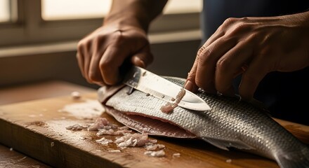Preparing a fresh fish fillet on a wooden cutting board, showcasing culinary skill and healthy cuisine.