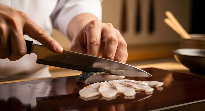 Expertly slicing fresh fish with a sharp knife on a wooden board, preparing a delicate culinary dish.