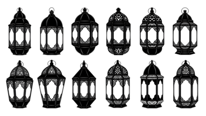 Abstract arrangement of lanterns in dark tones creates a mysterious and eerie ambiance