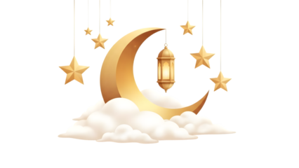 Ramadan kareem illustration with crescent moon lantern and stars on clouds