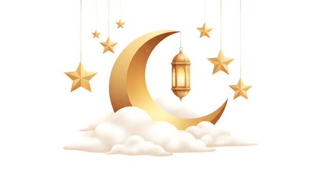 Ramadan kareem illustration with crescent moon lantern and stars on clouds