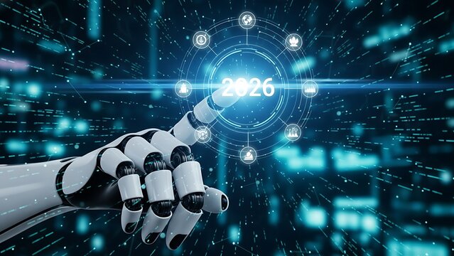 Futuristic robot hand interacting with digital interface displaying 2026 representing technological advancement and the future of artificial intelligence