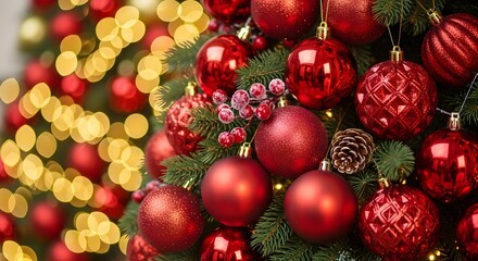 A festive Christmas tree is adorned with red ornaments and twinkling golden lights creating a holiday cheer.