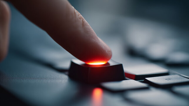 Close-up of finger pressing illuminated key on dark computer keyboard with shallow depth of field and soft background