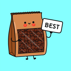 Cute coffee beans bag character holding best sign