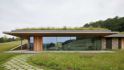 Fototapeta premium Stunning modern home with vibrant green roof blending seamlessly into the natural landscape, creating a peaceful and sustainable lifestyle retreat